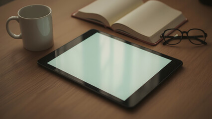 A minimalist financial workspace with a blank tablet screen, warm lighting, and cozy desk elements.