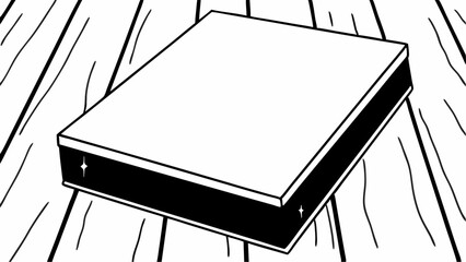 A simple illustration of a square box with a black stripe on a wooden surface with sparkles on it