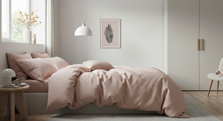 Bedroom interior with pale pink bedding