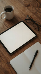 A minimalist financial workspace with a blank tablet screen, warm lighting, and cozy desk elements.
