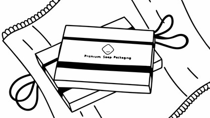 Two premium soap packaging boxes with ribbon on a textured surface in a black and white illustration