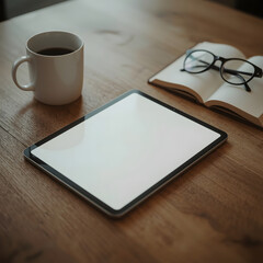 A minimalist financial workspace with a blank tablet screen, warm lighting, and cozy desk elements.