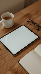 A minimalist financial workspace with a blank tablet screen, warm lighting, and cozy desk elements.