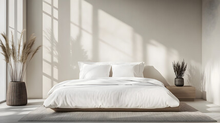A serene bedroom interior showcasing a modern minimalistic style with neutral color palette a cozy bed and warm natural sunlight.