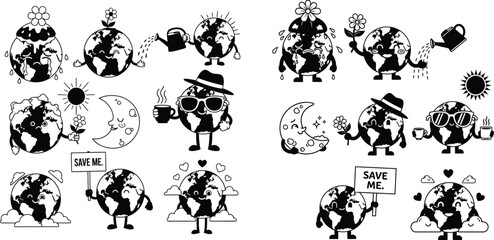 Earth globe characters in retro style with flower, watering can, hearts, cloud, sun icons