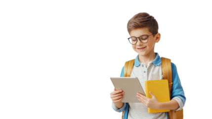 Young Boy with Glasses Holding Tablet and Notebook Smiling Happily in Modern Educational Setting