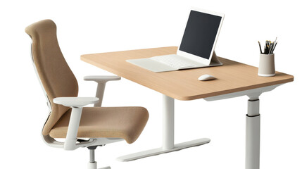 Fototapeta premium Stylish modern workspace with ergonomic chair, sleek desk, and minimalist computer setup in bright environment
