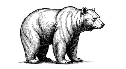 Detailed black and white ink drawing of a standing adult brown bear