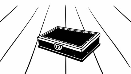Illustration of a closed black box with a decorative edge on a white surface with lines