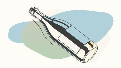 A bottle lying down with a blue label and a white label over a blue and green background art piece