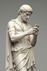 Marble ancient Greek sculpture of an athlete holding a smartphone.