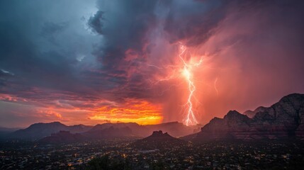 Fototapeta premium Dramatic Storm and Lightning Over Sedona Mountains: Nature’s Fiery, Moody Sunset