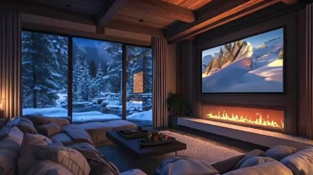 Cozy living room interior with fireplace, TV, and large window view of snowy winter landscape.