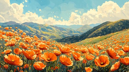 Vibrant Orange Poppy Field in Mountain Valley Landscape Painting Summer Blooms