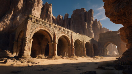 Naklejka premium Old stone structure with desert mountains