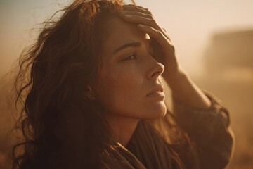 Portrait of a beautiful woman with her hand on her head, a close-up shot. She is in a desert setting during the golden hour, with a cinematic feel, shallow depth of field, warm tones