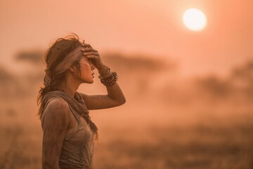 Woman shading eyes while looking at a distant sun-scorched field with dusty haze during a heatwave, cinematic warm lighting, dynamic composition