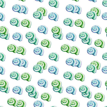 Seamless pattern of colored river snail shells, sea, summer, beach.