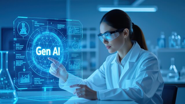 Female Scientist Using Holographic Interface to Explore Gen AI