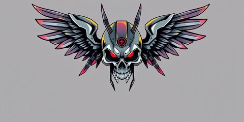Vector illustration of a winged skull robot, mecha design, suitable for t-shirt prints and stickers,  emblem,  mecha