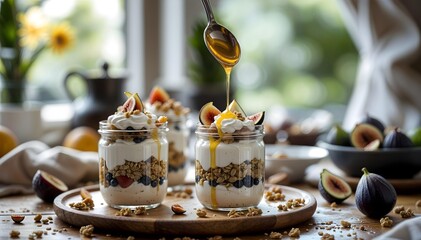 Dessert assembly: layered parfaits being spooned into jars