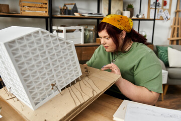 Creative elegance of a woman designing architectural models in an art studio