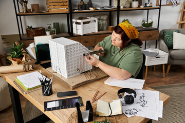 Creative woman sculpting a model in a bright art studio filled with inspiring materials