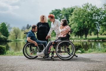 Obraz premium Two friends in wheelchairs accompanied by two assistants in a serene park setting, showcasing friendship, care giving, inclusion, and natural beauty.