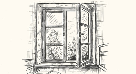 Hand-drawn window sketch overlooking forest trees with open panels and nature scenery