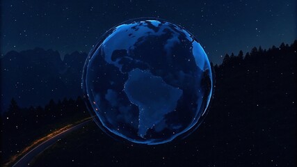 Glowing blue Earth under starry night sky. Celestial globe with illuminated continents. Mystical night scene with transparent planet.