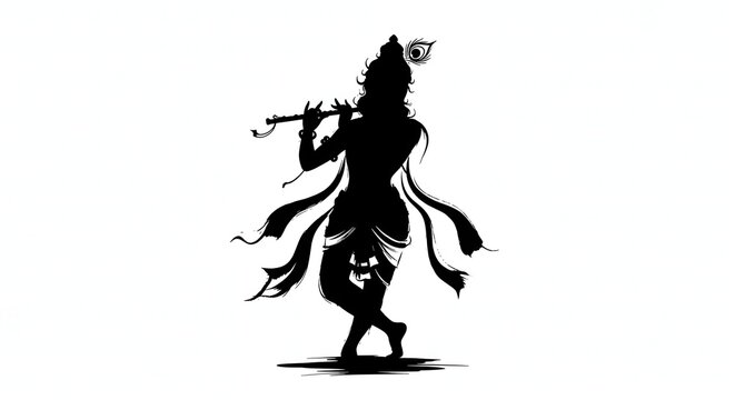 black silhouette krishna playing flute clip art preview