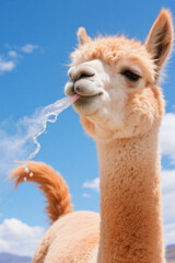 Funny alpaca spitting portrait close up