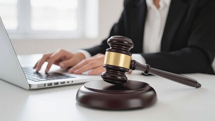 Legal Professional Working with a Laptop and Gavel on Desk