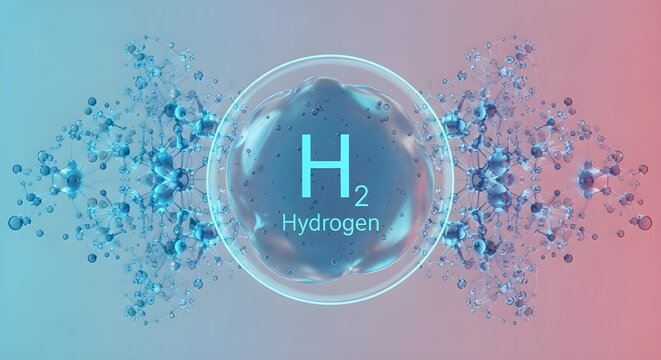 Hydrogen atom molecular structure with blue particles on gradient scientific background