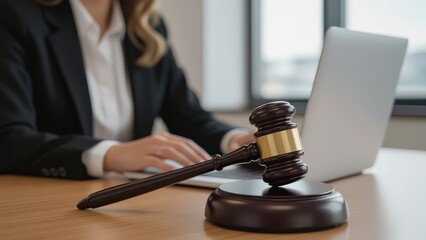 Legal Professional Working with Gavel and Laptop in Office