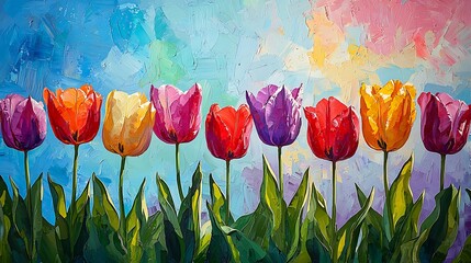 Vibrant Colorful Tulip Spring Flowers Painting Impasto Texture Artistic Floral Artwork