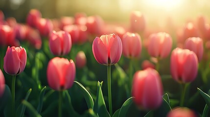 Vibrant Pink Tulips Field at Sunset Spring Flowers Blossom Nature Photography