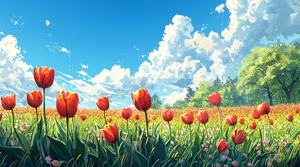 Vibrant Red Tulip Field Landscape Sunny Spring Day with Lush Greenery and Fluffy Clouds
