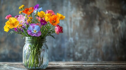 Vibrant Spring Bouquet of Colorful Flowers in Glass Jar on Rustic Wooden Table