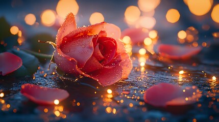 Romantic Dew Kissed Rose with Glowing Lights and Petals Perfect for Valentine s Day or Anniversary