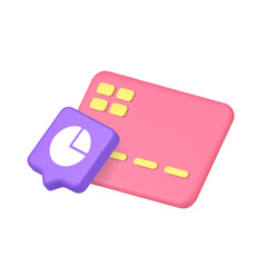 3d icon realistic vector illustration showing pink credit card and pie chart inside purple speech bubble, ideal for finance, banking, and digital business visuals. Vector illustration