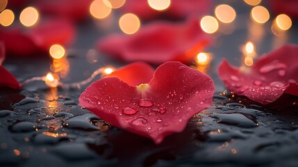 Romantic Red Rose Petals with Dew Drops and Fairy Lights Sensual and Luxurious Background