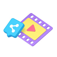 Colorful concept with share button and video player interface symbolizing online content, digital interaction, and media platforms. 3d icon realistic vector illustration