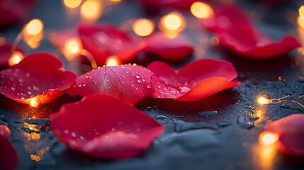 Romantic Rose Petals with Dew Drops and Fairy Lights Valentine s Day Background