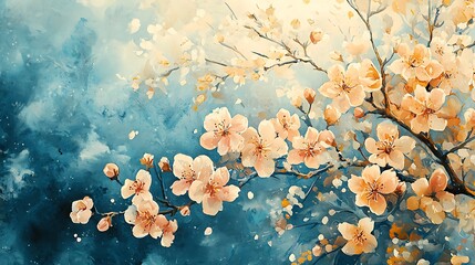 Serene Peach Blossom Branch Watercolor Painting of Spring Flowers on Teal Background