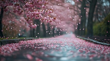 Serene Spring Path Falling Cherry Blossoms Pink Petals Nature Scene