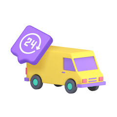 Yellow delivery truck with purple speech bubble and 24 hours service button symbolizing logistics, shipping, and round-the-clock support. Perfect for branding and apps. 3d icon vector illustration