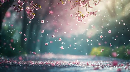 Serene Springtime Scene Falling Cherry Blossom Petals on Pathway