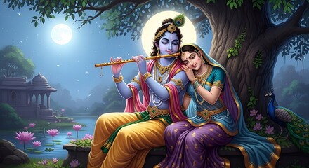 Artistic Illustration of Krishna Playing Flute with Radha Under Moonlight