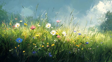 Vibrant Summer Meadow Wildflowers Grasses and Sunlight in a Lush Floral Field